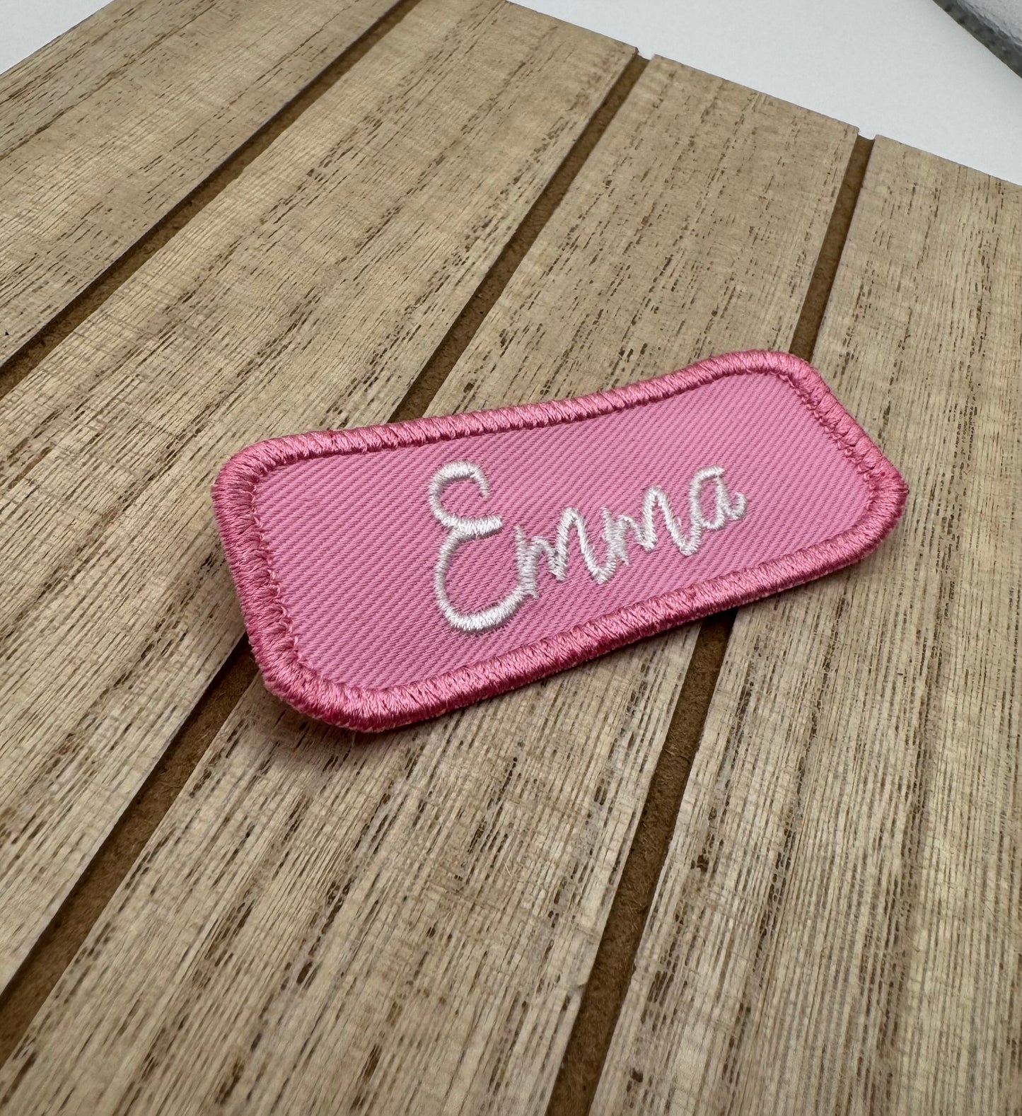 Custom Pink "Doll Style" Font Name Tags Embroidered - 3.5 in x 1.2 in Iron-on, Sew-on Badges
