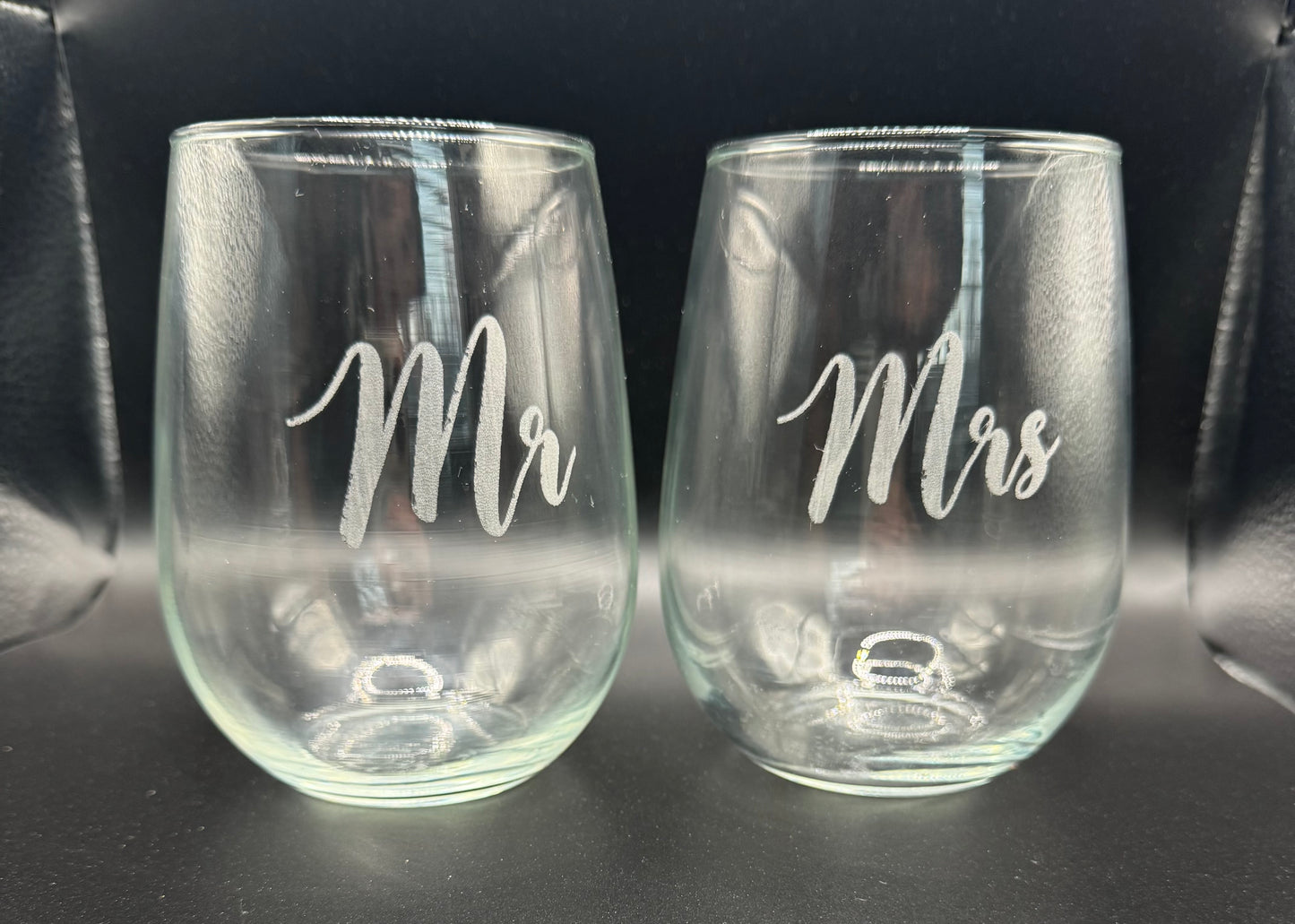 Set of "Mr" and "Mrs" Laser etched on empty wine glasses