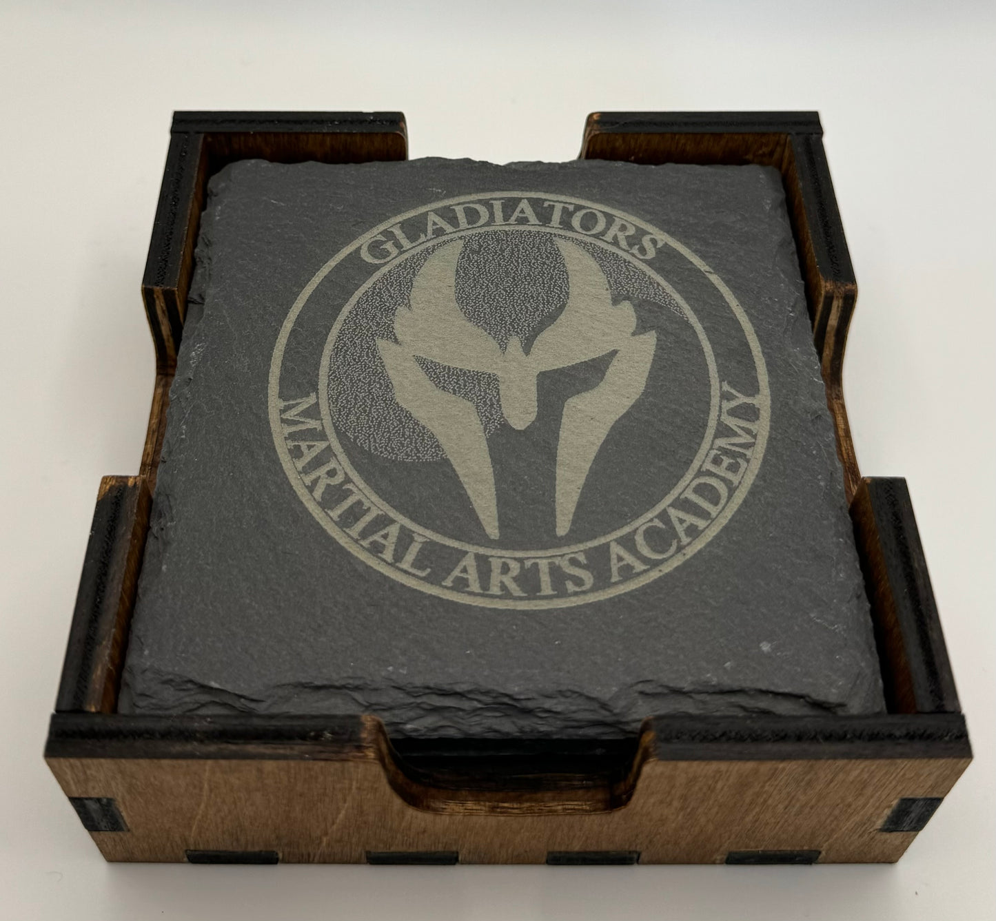 Laser etched slate coasters with a custom box