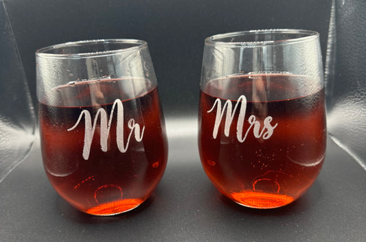 Laser etched Mr and Mrs wine goblets for a wedding or anniversary