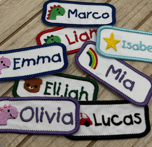 Custom Kids Name Tags Embroidered - 3.5 in x 1.2 in Iron-on, Sew-on Badges